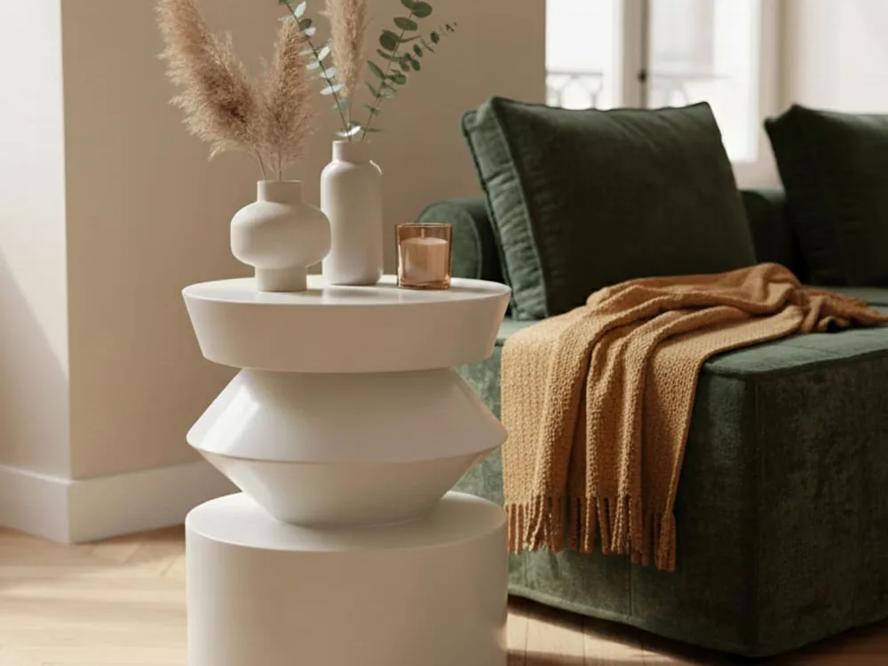 Bout de canapé laqué ivoire en volumes empilés, posé sur un parquet à bâtons rompus près d'un canapé en velours vert, avec deux vases et une bougie sur le plateau