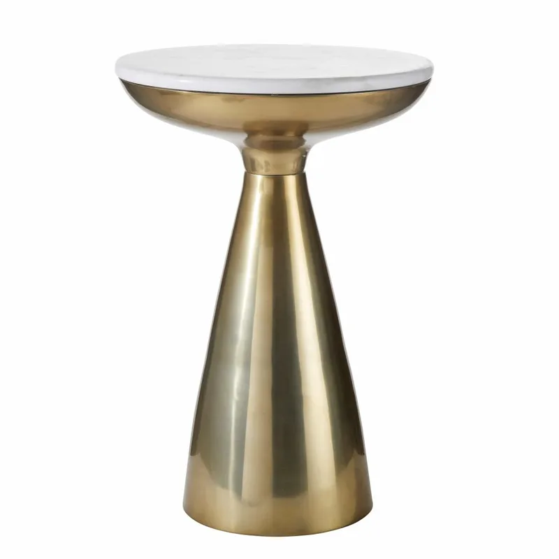 Bout de canapé en aluminium doré et marbre blanc