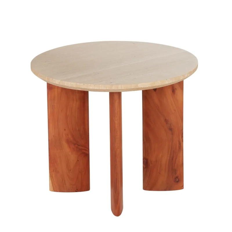 Bout de canapé en bois d'acacia et plateau en travertin