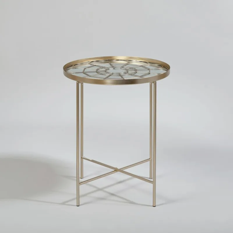 Bout de canapé en acier doré et plateau miroir en verre