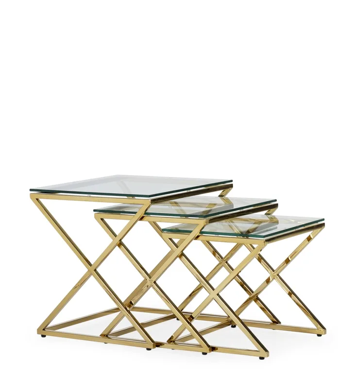 Set à 3 tables vitrées et acier inoxydable L 45 cm