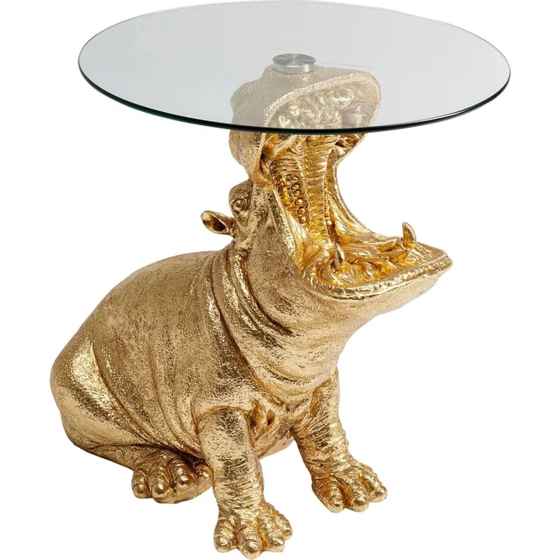 Table d'appoint hippopotame en polyrésine dorée et verre D48