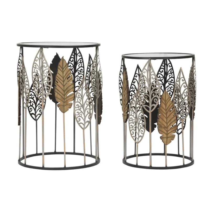 Lot de 2 tables en métal multicolore feuilles Ø 38x55-33x50  cm