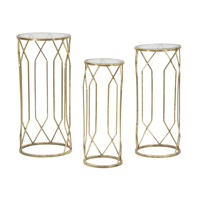 Lot de 3 tables rondes en métal doré Ø 32x71-28x65-23x61 cm
