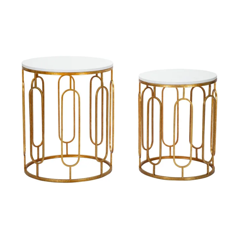 Lot de 2 tables en métal doré avec plateau blanc Ø 46x55-39x48  cm