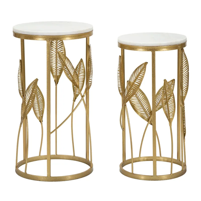 Lot de 2 tables en métal doré avec plateau blanc 35x65,5-30x60,5  cm