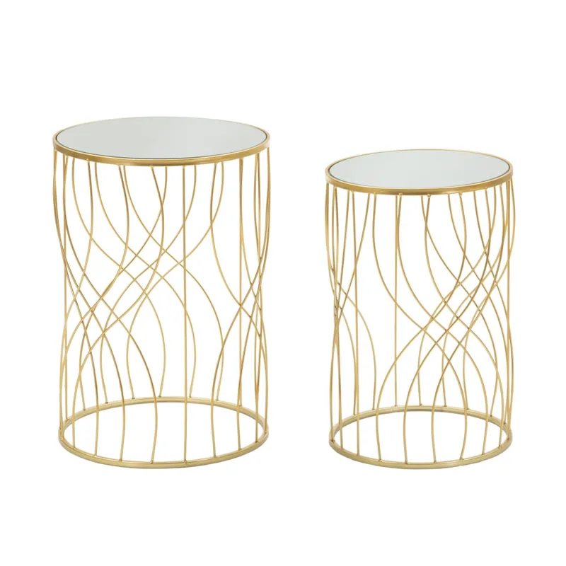 Lot de 2 tables basses en métal et miroir dorés Ø 38x55-33x50  cm
