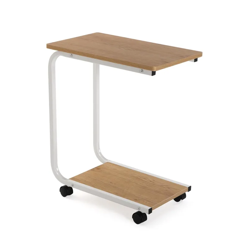 Table d'appoint en aggloméré imitation bois et métal blanc