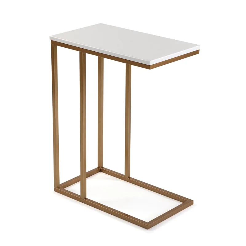 Table d'appoint en aggloméré imitation bois et métal doré et blanc