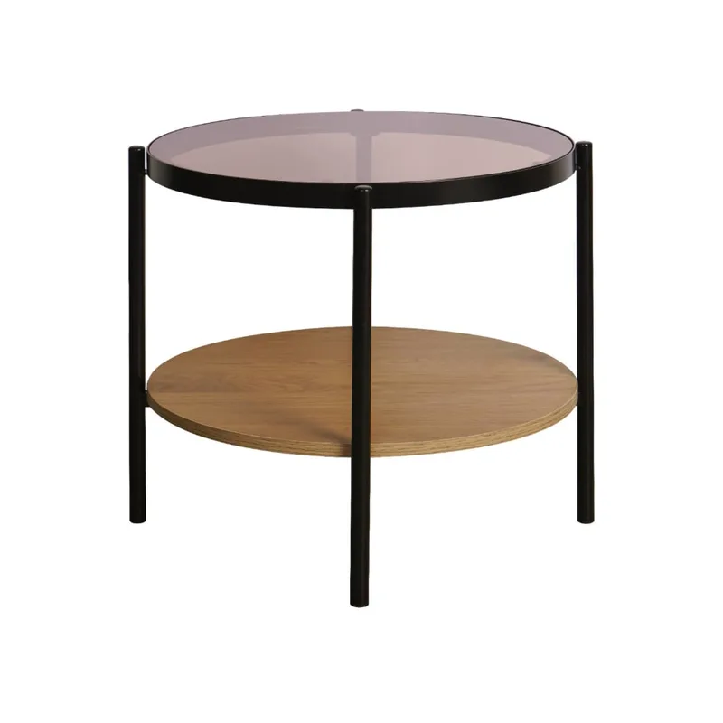 Table d'appoint verre trempé, décor bois et métal