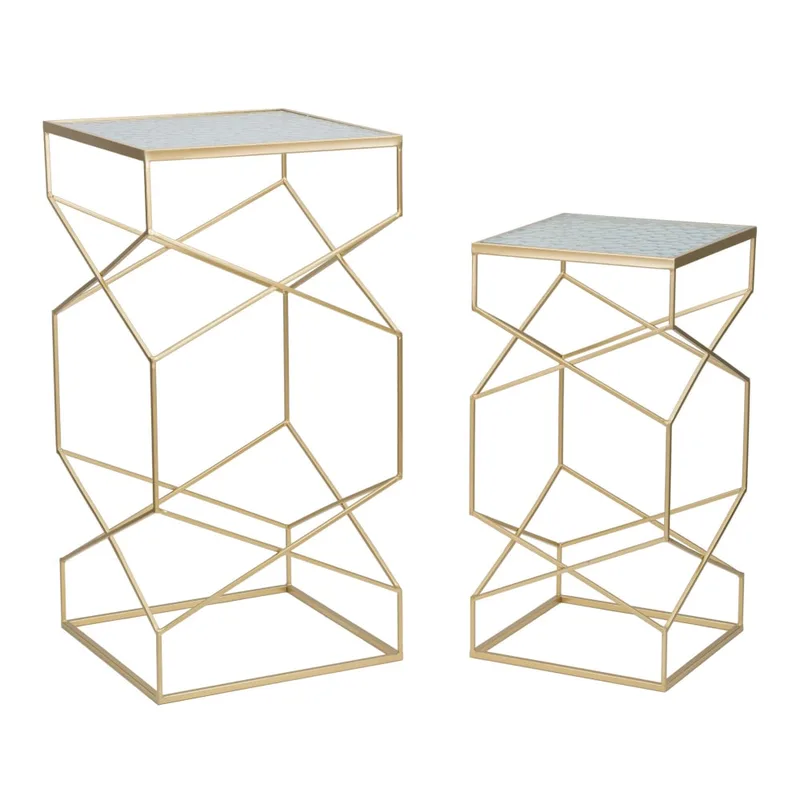 Lot de 2 tables en métal doré et verre 50x50x100-40x40x80 cm