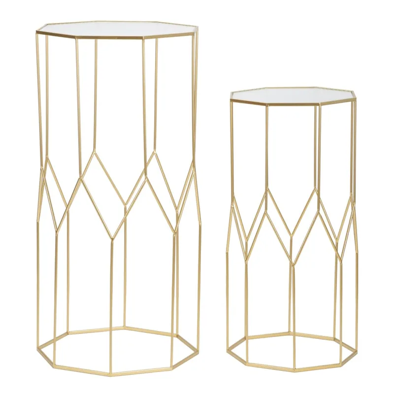 Lot de 2 tables en métal doré et verre 50x46x100-40x37x80 cm