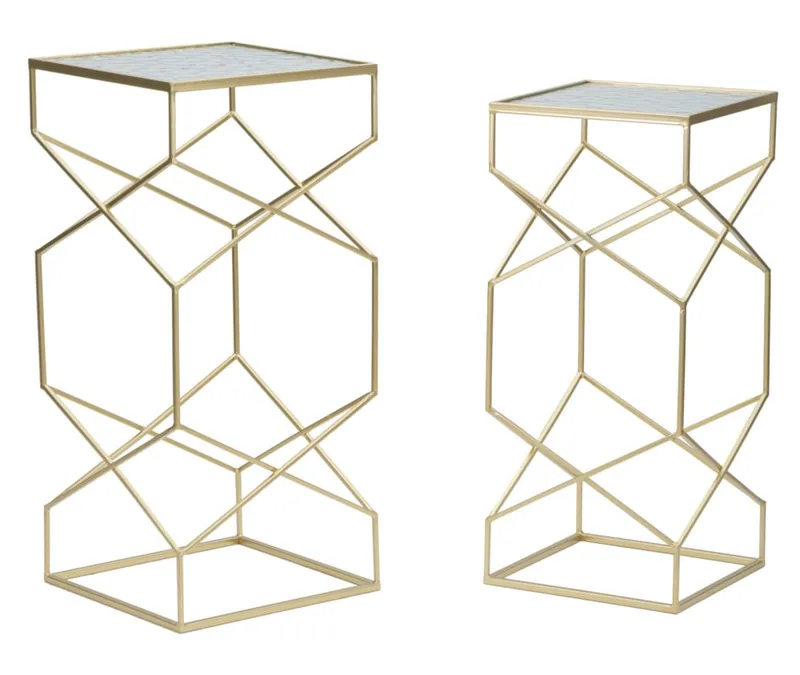 Lot de 2 tables en métal doré et verre 31,5x31,5x68-28x28x64 cm
