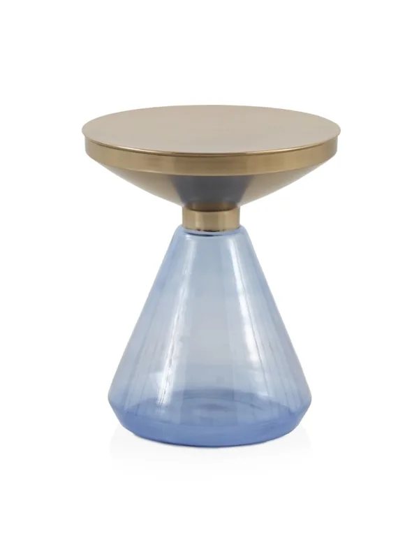 Table d'appoint avec base en verre bleu et plateau en métal doré