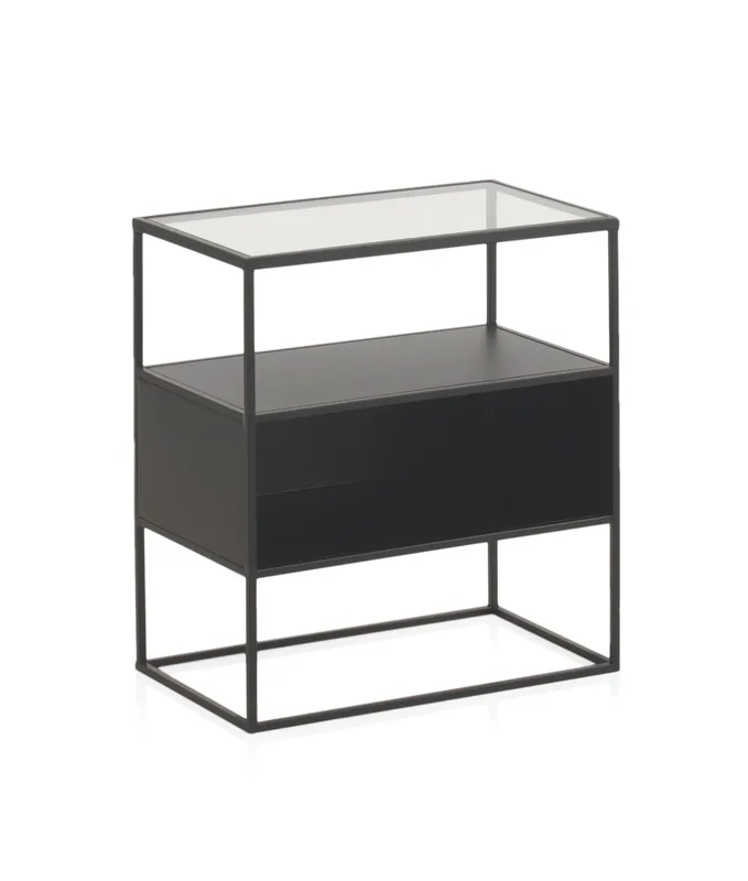 Table d'appoint en métal noir avec plateau en verre