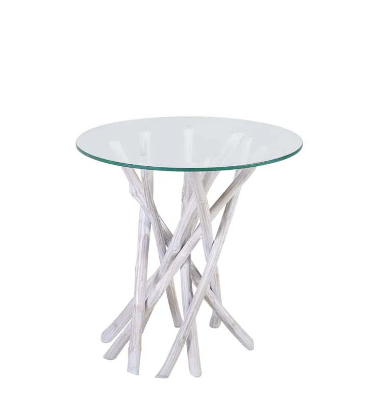 Table d'appoint en verre et bois blanc Ø 50 cm