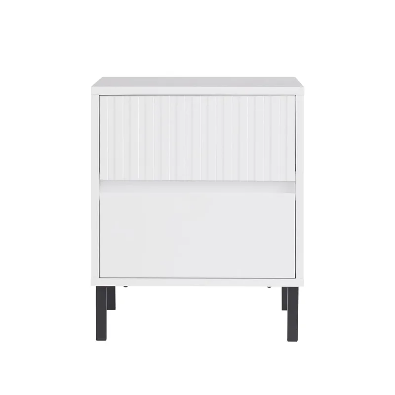 Bout de canapé effet bois blanc avec 2 tiroirs pieds en métal