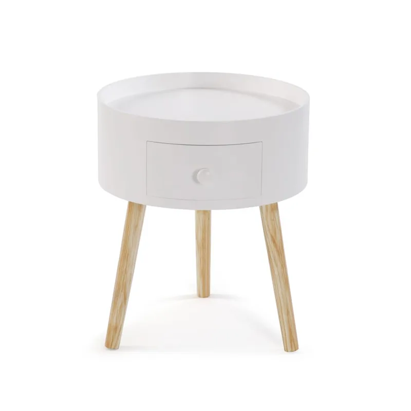 Table d'appoint ronde avec tiroir en aggloméré blanc