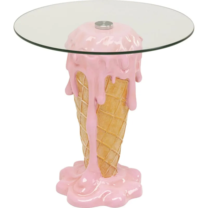 Table d'appoint glace en polyrésine rose et verre D48