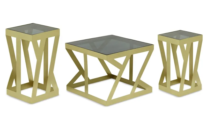 Ensemble de 3 tables d'appoint en verre fumé et métal or