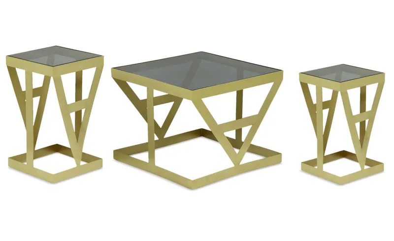 Ensemble de 3 tables d'appoint en verre fumé et métal or