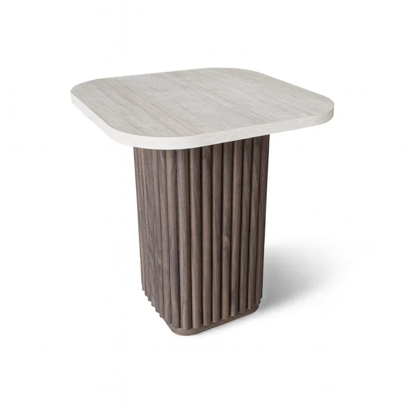 Table d'appoint carré effet travertin et pied effet noyer 40cm